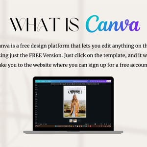 K&ouml;nnte beinhalten: Ein Laptop-Bildschirm zeigt die Canva-Website an. Der Text "WHAT IS Canva" wird oben auf dem Bildschirm angezeigt. Der Text "Canva ist eine kostenlose Designplattform, mit der du alles auf dieser Website bearbeiten kannst, indem du einfach die KOSTENLOSE Version verwendest. Klicke einfach auf die Vorlage, und du wirst auf die Website weitergeleitet, auf der du dich f&uuml;r ein kostenloses Konto anmelden kannst." wird unter dem Titel angezeigt.