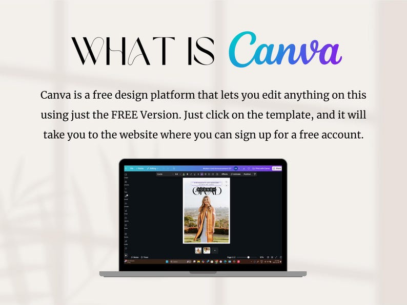 K&ouml;nnte beinhalten: Ein Laptop-Bildschirm zeigt die Canva-Website an. Der Text "WHAT IS Canva" wird oben auf dem Bildschirm angezeigt. Der Text "Canva ist eine kostenlose Designplattform, mit der du alles auf dieser Website bearbeiten kannst, indem du einfach die KOSTENLOSE Version verwendest. Klicke einfach auf die Vorlage, und du wirst auf die Website weitergeleitet, auf der du dich f&uuml;r ein kostenloses Konto anmelden kannst." wird unter dem Titel angezeigt.