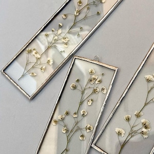 Geperste babyadem in zwevend glazen frame - geperste bloemkunst, babycadeau, glas-in-loodpaneel