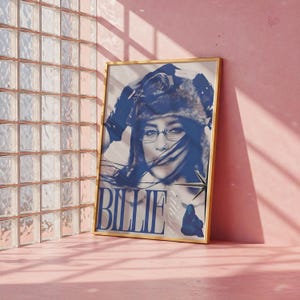 Billie Eilish Vintage Aviator Art Print | Blue Toned Music Icon Poster | Retro Wall Decor for Fans & Collectors | Celebrity Art Posters