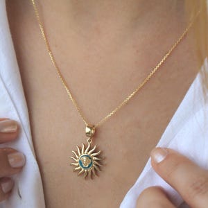 14k Gold Medusa Sun Necklace: Blue Enamel Celestial Pendant,Special Occasions And Everyday Real Gold ,Engagement Gift