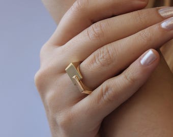 14k Real Gold Signet Ring, Gold Interlocking Ring, Rectangle Signet Ring, Gold Statement Ring, Rose Yellow Gold Ring, Unique Design Band