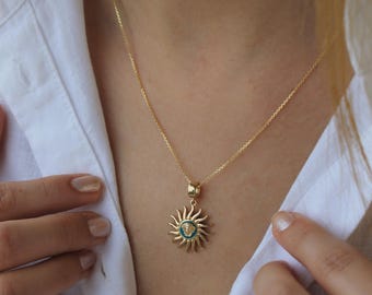 14k Real Gold Medusa Necklace, Gold Sun Necklace, Blue Enamel Round Sun Pendant, GoldCelestial Necklace, Mythical Protection Jewelry