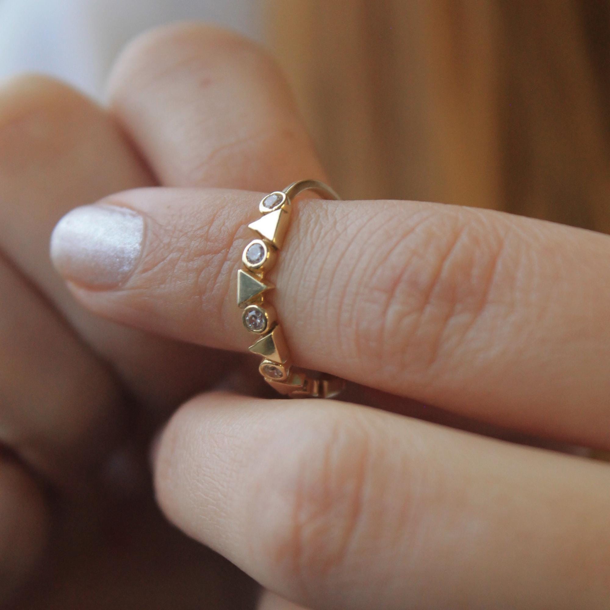 14k Real Gold Triangle Ring, Gold Geometric Ring, Zircon Stone Triangle Band, Minimalist Ring, Stackable Ring, Modern Gold Ring