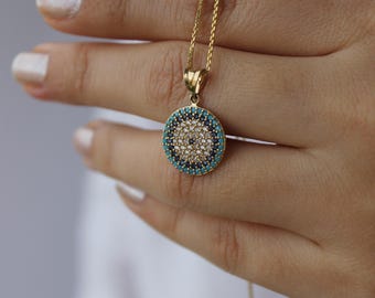 14k Real Gold Pave Evil Eye Necklace, Blue Round Evil Eye Pendant, Protection Jewelry, Good Luck Pendant, Protection Jewelry