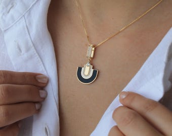 14k Gold Black Enamel Necklace, Half Oval Black Pendant, Enamel Necklace, Stone with Enameled Necklace, Special Design Jewelry