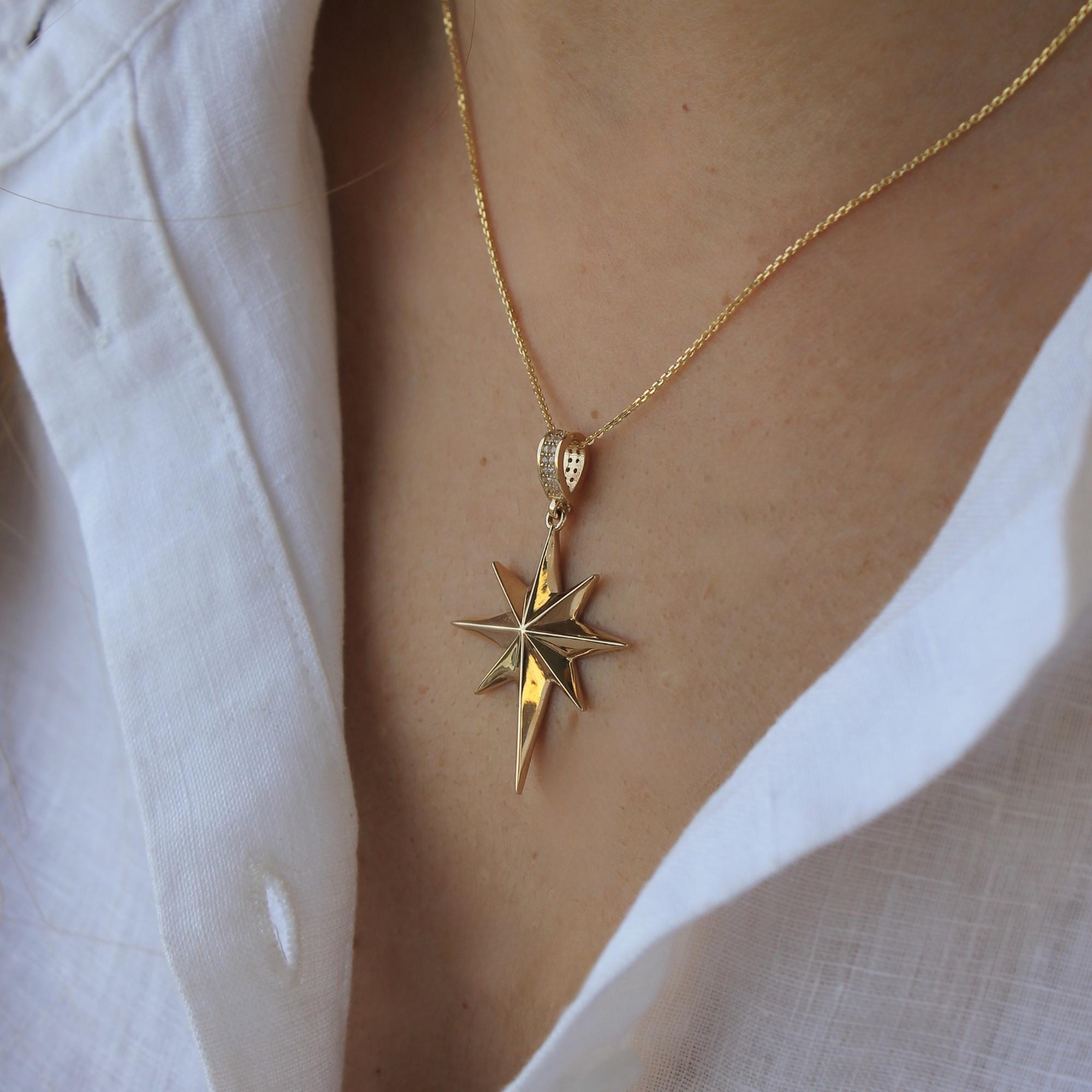 14k Real Gold North Star Necklace, Celestial Necklace, Big North Star Pendant, Pole Star Necklace, 3D Northern Star Charm,Star Guide Jewelry