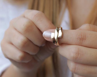 14k Real Gold Crossover Ring, Gold Bypass Ring, Elegant Shining Stone Spiral Cuff Ring, Gold Statement Rings, Two Color Ring
