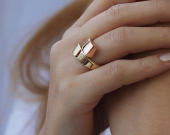 14k Real Gold Spiral Ring, Gold Geometric Ring, Two Color Ring, Gold Statement Ring, Gold Spinning Ring, Minimalist Jewellery