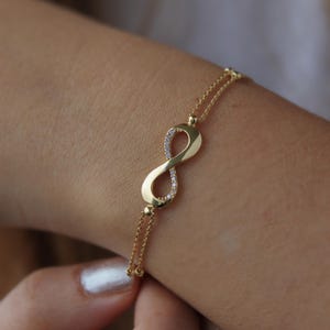 14k Real Gold Infinity Bracelet, Minimalist Chain Bracelet for Bridesmaid Gifts, Gold Infinity Bracelet, Friendship Bracelet, Double Chain