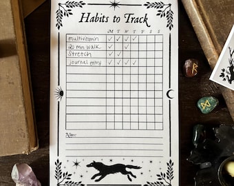 Weekly Habit Tracker Notepad, Dark Academia, Wolf & Moon Gothic Stationery, Memo Pad Gift, Witchy Aesthetic Planner, Wellness, Goal Tracker