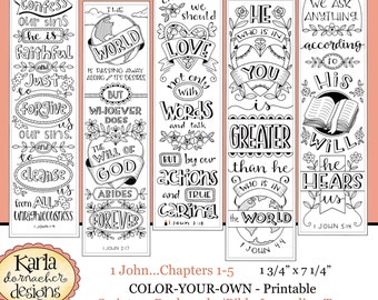 1 John 1-5... Color Your Own Bookmarks  Bible Journaling Illustrated Faith INSTANT DOWNLOAD, Scripture Digital Printable Christian