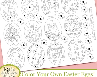 Jesus is Alive EASTER EGGS Coloring Page Digital Download Print Color and Cut Tags Stickers Garland Christian