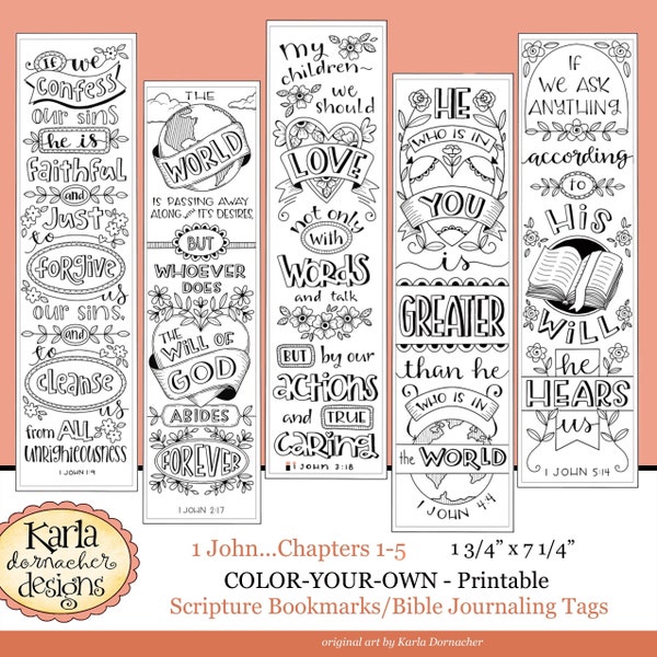 1 John 1-5... Color Your Own Bookmarks  Bible Journaling Illustrated Faith INSTANT DOWNLOAD, Scripture Digital Printable Christian