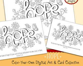 HOPE... ROMANS 15:13... Word of the Year - 52 Words - Coloring Page and Card Collection Christian Scripture Bible Verse