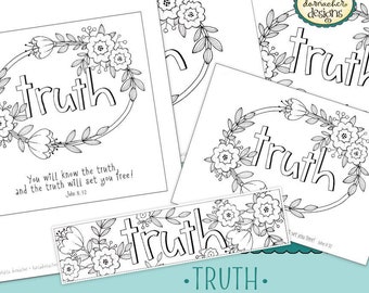 TRUTH... JOHN 8:32... Word of the Year - 52 Words - Coloring Page • Bookmarks • Card Collection Christian Scripture Bible Verse