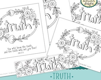 Pode incluir: Um conjunto de páginas para colorir imprimíveis com a palavra "truth" cercada por desenhos florais. O conjunto inclui duas páginas para colorir, um marcador de página e um cartão de felicitações. A citação "You will know the truth, and the truth will set you free! John 8:32" está incluída em uma das páginas para colorir.