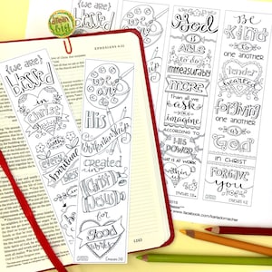 May include: A set of printable bookmarks with Christian-themed illustrations and inspirational quotes. The bookmarks feature black and white drawings of hearts, flowers, and other designs. The quotes include "We are blessed in Christ", "His Workmanship created in Christ Jesus for good works", "God is able to do immeasurably more than all we ask or imagine", and "Be kind to one another, tenderhearted, forgiving one another as God in Christ forgave you".