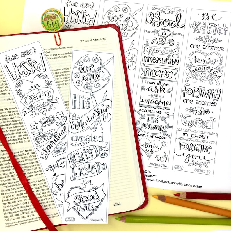 May include: A set of printable bookmarks with Christian-themed illustrations and inspirational quotes. The bookmarks feature black and white drawings of hearts, flowers, and other designs. The quotes include "We are blessed in Christ", "His Workmanship created in Christ Jesus for good works", "God is able to do immeasurably more than all we ask or imagine", and "Be kind to one another, tenderhearted, forgiving one another as God in Christ forgave you".
