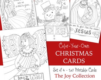 CHRISTMAS ... JOY Coloring Cards - 5x7 • JESUS is the Reason - Glory to God - Angels • Set of Four - Instant Download Christian