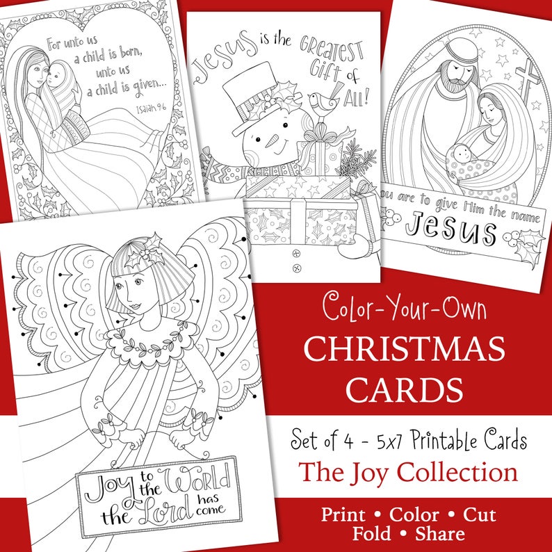 CHRISTMAS ... JOY Coloring Cards 5x7 JESUS is the Reason Glory to God Angels Set of Four Instant Download Christian image 1