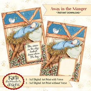 CHRISTMAS... Away in the Manger Digital Art Print 5x7 Christian Christmas Printable Ready to Frame Cardmaking Crafts INSTANT DOWNLOAD