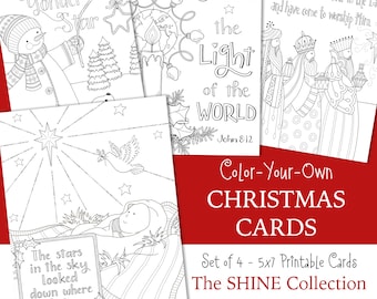 BRILLANCE • Cartes à colorier de Noël - 5 x 7 cm • JÉSUS est la raison - Gloire à Dieu - anges • Lot de quatre - téléchargement immédiat chrétien