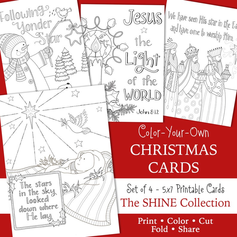 SHINE CHRISTMAS Coloring Cards 5x7 JESUS is the Reason Glory to God Angels Set of Four Instant Download Christian image 1