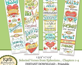 EPHESIANS 1-4 Full Color Bookmarks  Bible Journaling Illustrated Faith INSTANT DOWNLOAD Scripture Digital Printable Christian Religious