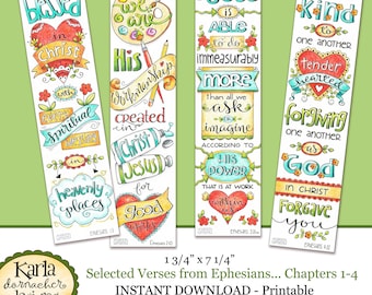 EPHESIANS 1-4 Full Color Bookmarks  Bible Journaling Illustrated Faith INSTANT DOWNLOAD Scripture Digital Printable Christian Religious