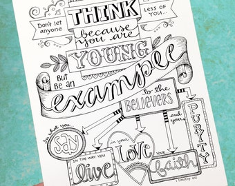 1 TIMOTHY 4:12... Be An Example Bible Journaling Color Your Own INSTANT DOWNLOAD Art Print Coloring Page Printable Christian Religious