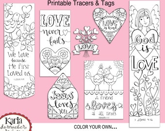 VALENTINE LOVE... Color-Your-Own Bookmarks  Bible Journaling Tags Tracers Stickers Instant download Scripture Printable