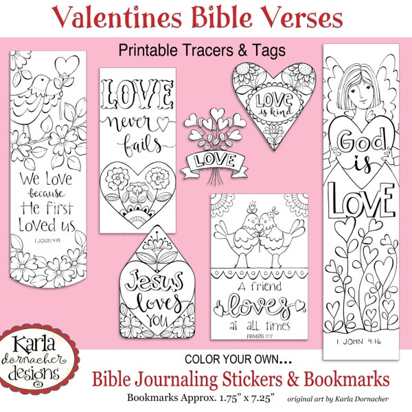 VALENTINE LOVE... Color-Your-Own Bookmarks  Bible Journaling Tags Tracers Stickers Instant download Scripture Printable