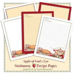May include: Four printable recipe pages with a red border and a green and white border. The pages feature a pie, teapot, and apples with the text "You are the apple of God's eye." and "Apple of God's Eye Stationery Recipe Pages original art by Karla Dornacher."