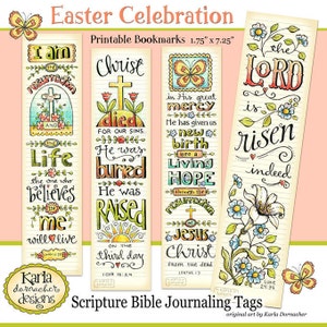 May include: Three colorful bookmarks with hand-drawn illustrations and text. The bookmarks feature Easter-themed messages, including "I am the resurrection", "Christ died for our sins", and "The Lord is risen indeed".