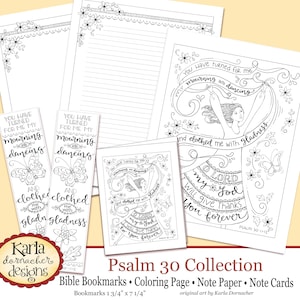 Può includere: Una pagina da colorare stampabile in bianco e nero con una donna che balla con il testo "You have turned for me my mourning into dancing and clothed me with gladness" e "Psalm 30:11-12". La pagina fa parte di una collezione di segnalibri biblici, pagine da colorare, carta da lettere e biglietti.