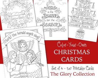CHRISTMAS... GLORY • Coloring Cards - 5x7 • JESUS is the Reason - Glory to God - Angels • Set of Four - Instant Download Christian
