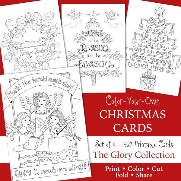 CHRISTMAS... GLORY • Coloring Cards - 5x7 • JESUS is the Reason - Glory to God - Angels • Set of Four - Instant Download Christian