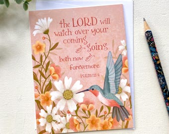 He Watches Over You - Psalm 121 - Encouragement Card - Blank Note Card Set of 4 - with Envelopes - Christian Inspirational Bible Verse