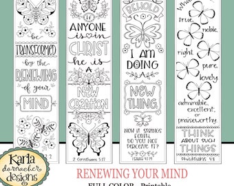 RENEWING YOUR MIND... Color Your Own Bible Bookmarks Journaling Illustrated Faith Instant Download Scripture Digital Printable Christian