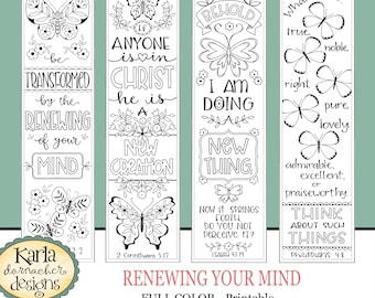 RENEWING YOUR MIND... Färben Sie Ihre eigenen Bibel Lesezeichen Journaling Illustriert Glauben Instant Download Schrift Digital Printable Christian