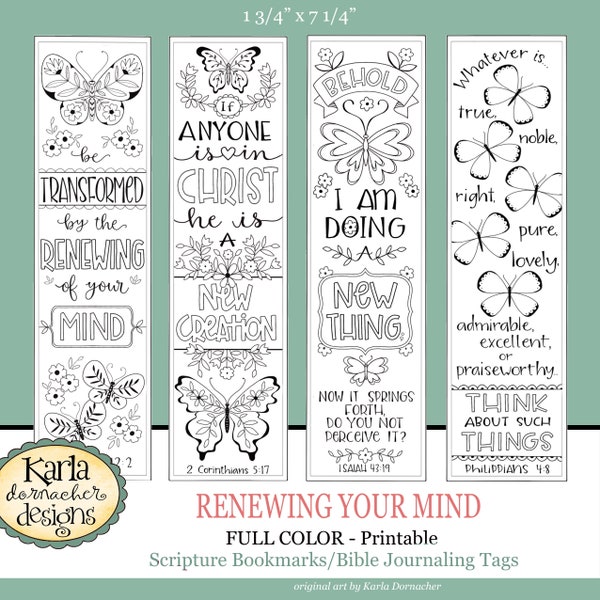 RENEWING YOUR MIND... Color Your Own Bible Bookmarks Journaling Illustrated Faith Instant Download Scripture Digital Printable Christian