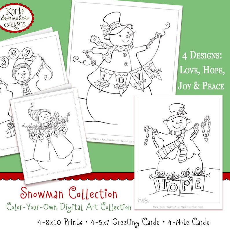 Download Snowmen of Love Hope Peace and Joy Coloring Collection | Etsy