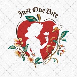 May include: A graphic illustration featuring a red apple silhouette containing a white profile of a person holding a small bird. The text Just One Bite is arched above the apple, which is framed by colourful flowers and green leaves.