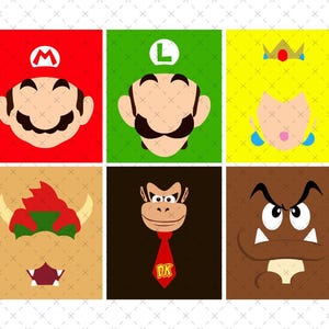 Mario, Luigi, Peach, Bowser en Goomba minimalistische gezichten bundel, digitale download PNG SVG-bestand, platte vectorafbeeldingen