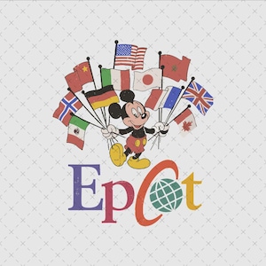 May include: A graphic illustration of Mickey Mouse wearing red shorts and yellow shoes, holding a cluster of various international flags. Below the character, the text reads EPCOT, with the letter O replaced by a green and white globe icon.