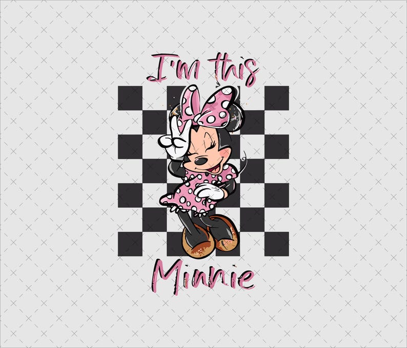 Op de afbeelding: Een roze en witte geruite achtergrond met een cartoon afbeelding van Minnie Mouse. De tekst "I'm this Minnie" staat onder de afbeelding.