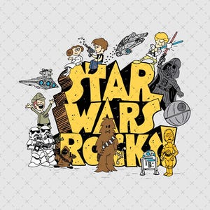 Könnte beinhalten: Eine grafische Illustration mit dem gelben Schriftzug STAR WARS ROCKS!, umgeben von Zeichentrickfiguren wie Prinzessin Leia, Han Solo, Luke Skywalker, Darth Vader, Chewbacca, C-3PO, R2-D2, Sturmtruppen und verschiedenen Raumschiffen.