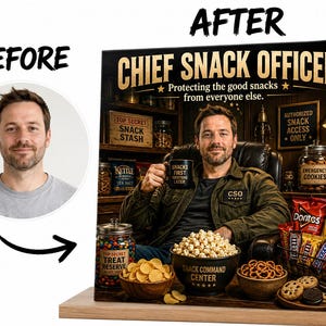 May include: A custom canvas print titled CHIEF SNACK OFFICER featuring a person sitting in a chair surrounded by snacks. The text reads TOP SECRET SNACK STASH, AUTHORIZED SNACK ACCESS ONLY, SNACKS FIRST QUESTIONS LATER, and SNACK COMMAND CENTER.