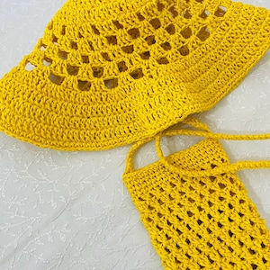 Crochet Bucket Hat and Bag Set: Handmade Yellow Bohemian Beach Outfit